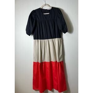 Compania Fantastica Black Beige Orange Cotton Puff Sleeve Maxi Dress Sz S